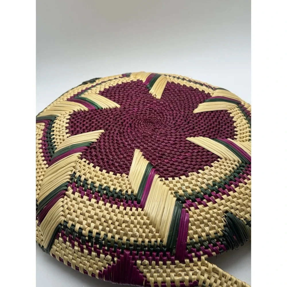 Handwoven African Wicker Basket Bowl Handles Boho Tribal Decor Purple & Green